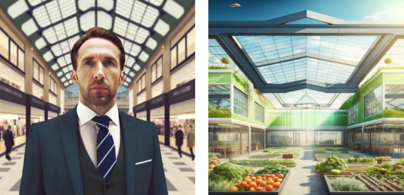 RD Live AI generated images AI generated images of Gareth Southgate as a shopping centre manager and a shopping centre with a farmer's field inside